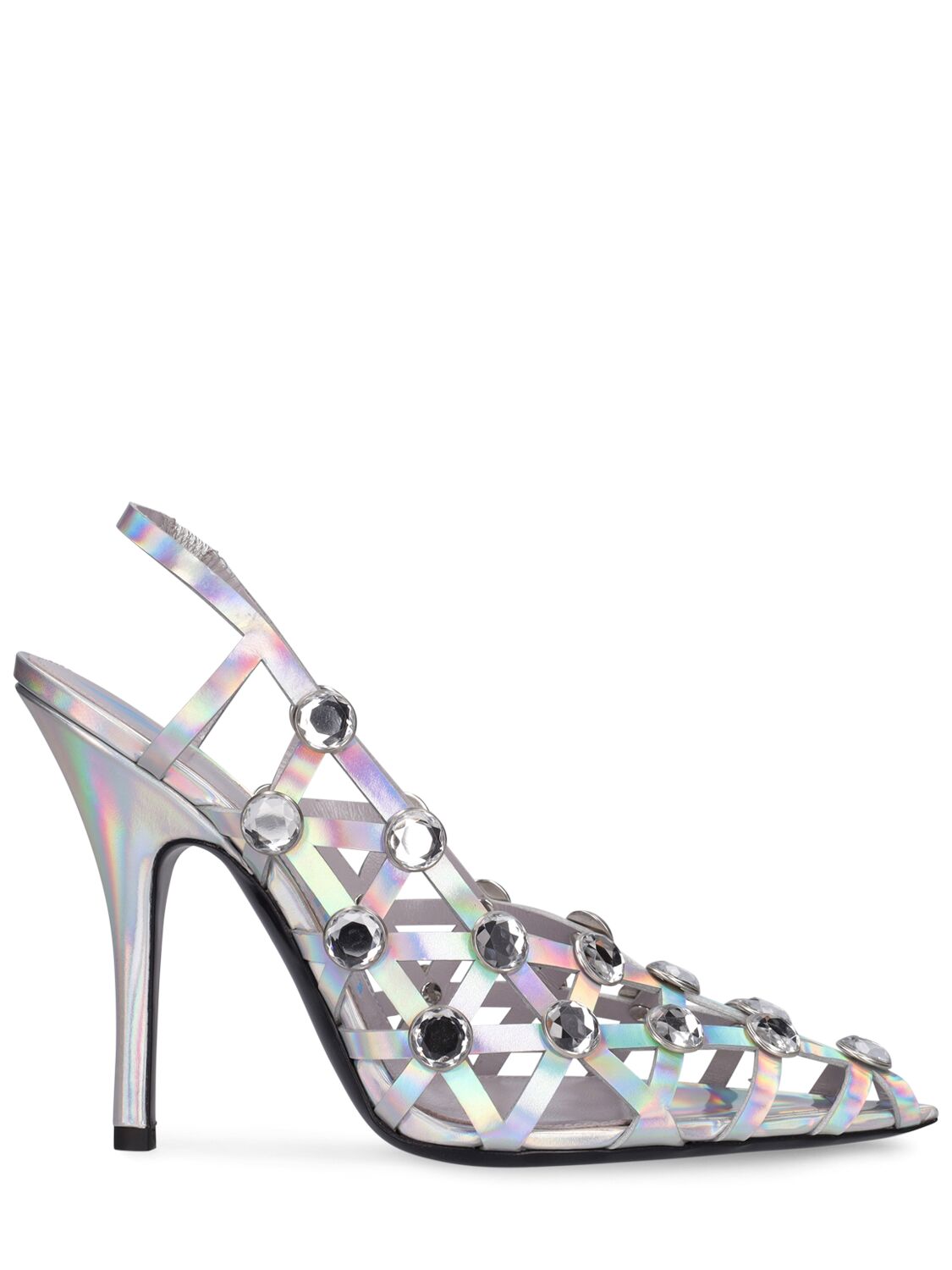 Attico 105mm Grid Laminated Leather Slingbacks In Holographic Silver
