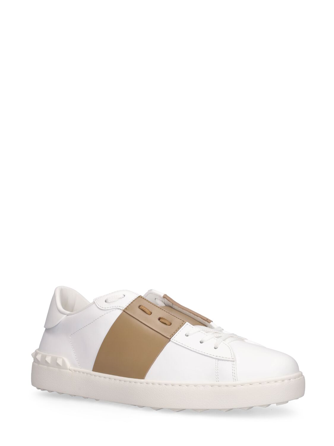 Shop Valentino Open Leather Low Top Sneakers In White,beige