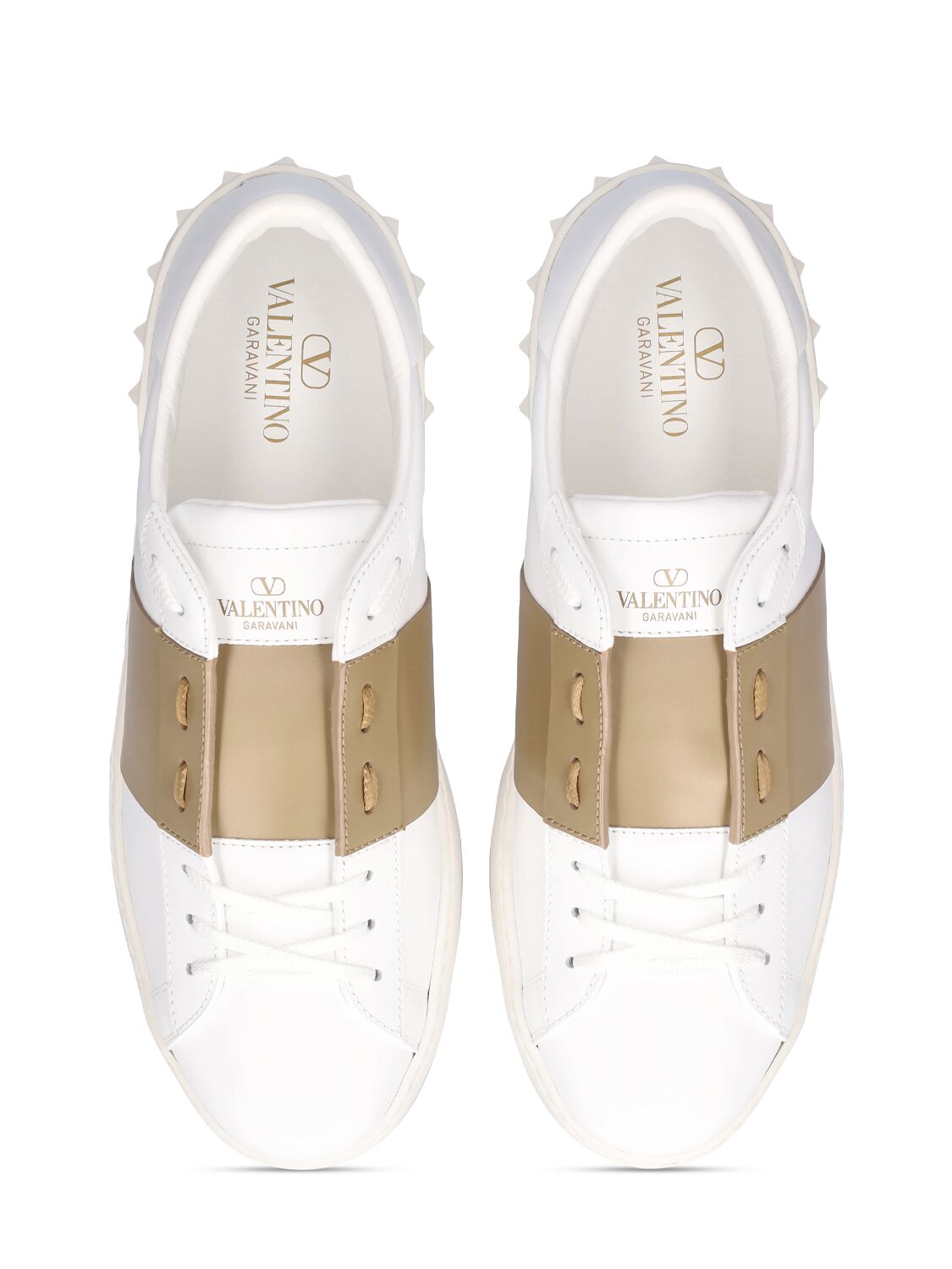 Shop Valentino Open Leather Low Top Sneakers In White,beige