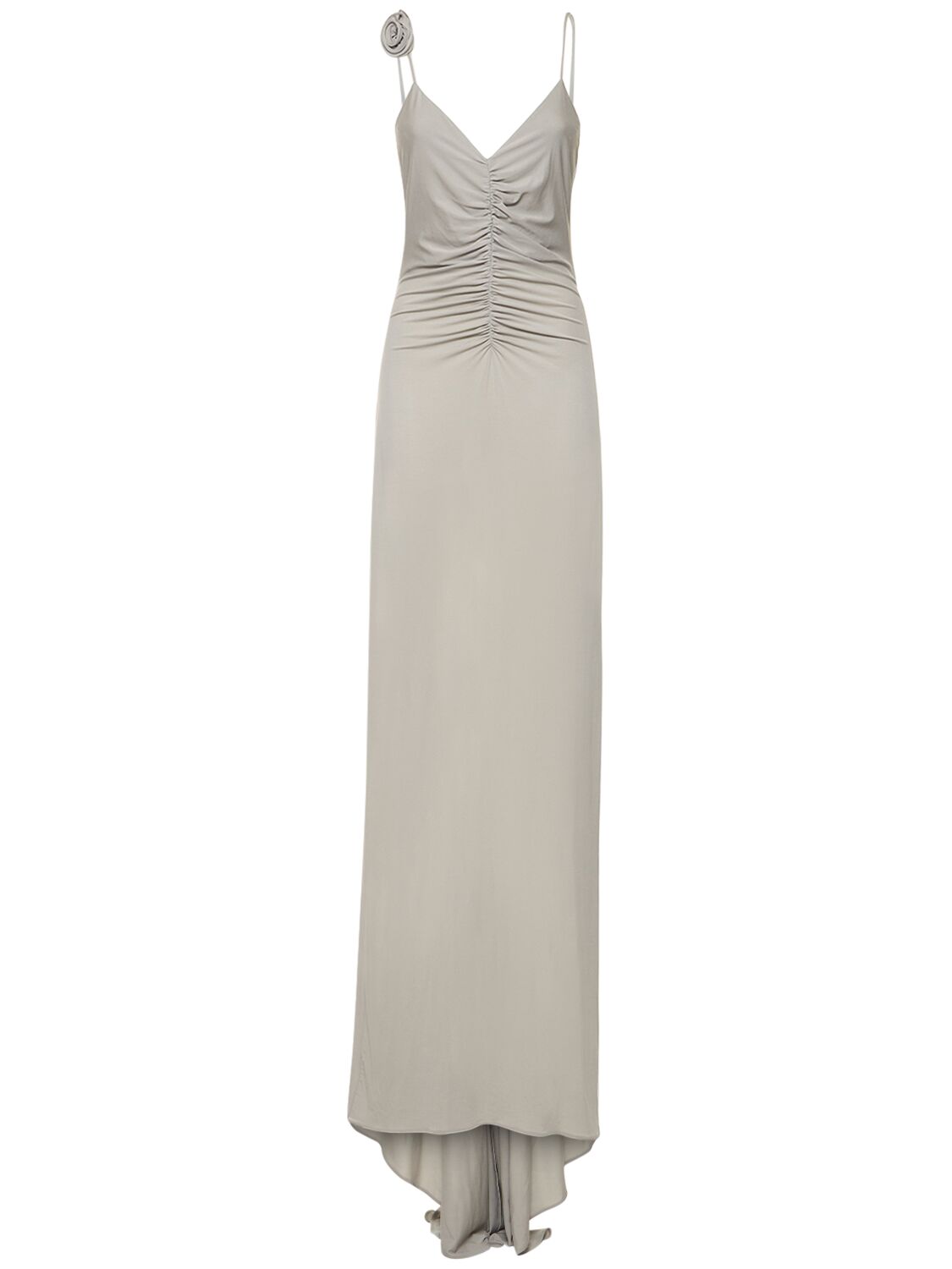 Magda Butrym Ruched Jersey Long Slip Dress W/roses In Grey