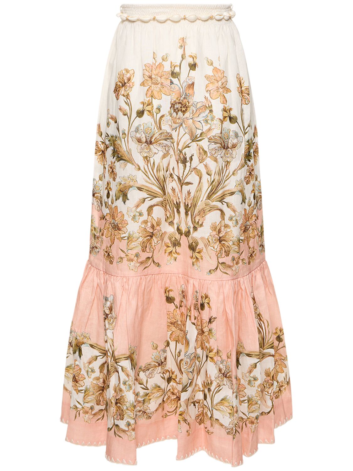 Shop Zimmermann Chintz Printed Tiered Linen Midi Skirt In Multicolor