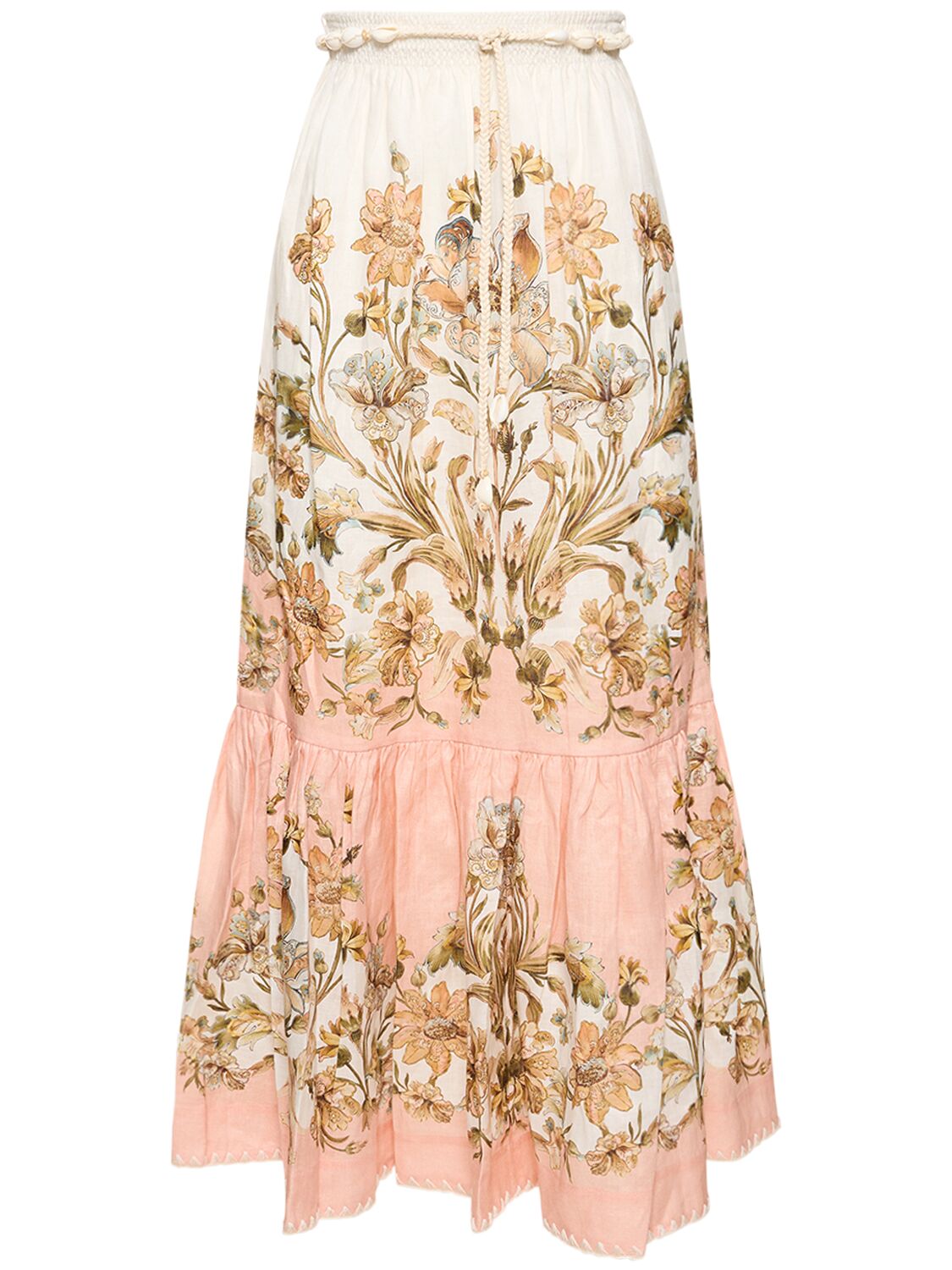 Shop Zimmermann Chintz Printed Tiered Linen Midi Skirt In Multicolor