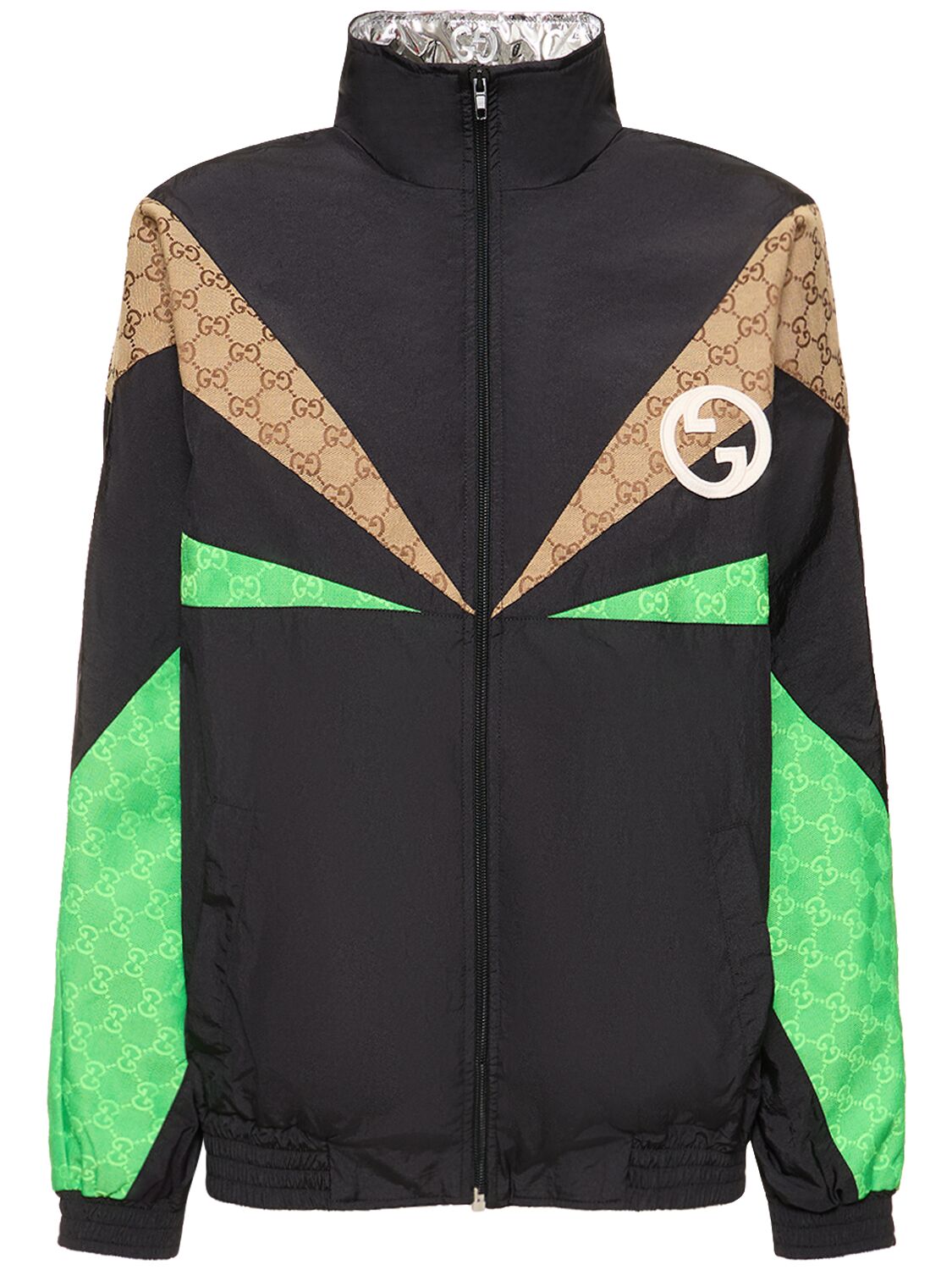 Gucci Gg Monogram Highneck Track Jacket In Black,multicolor