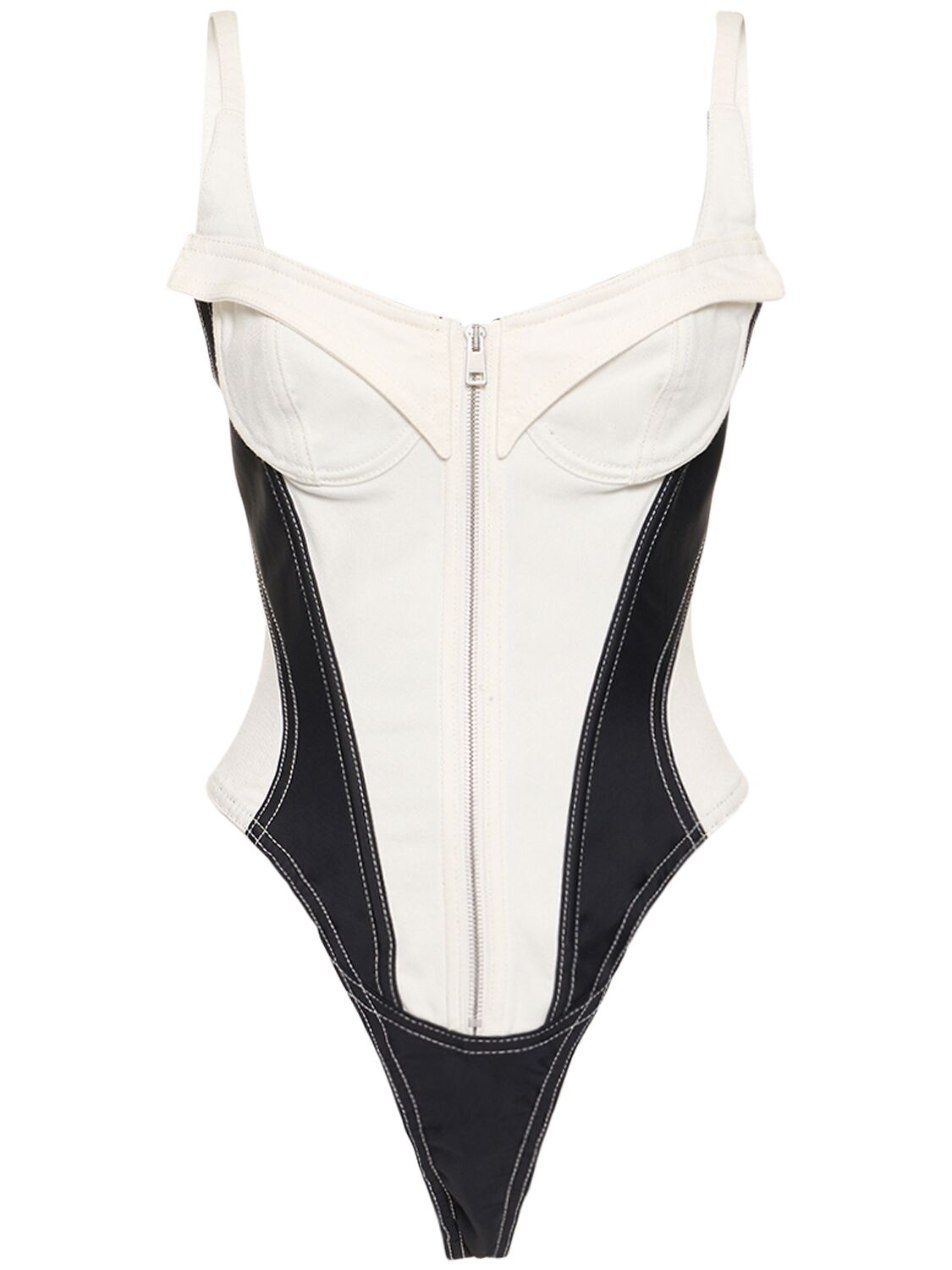 Mugler Bonded Cotton Denim Corset Bodysuit In Ivory,black