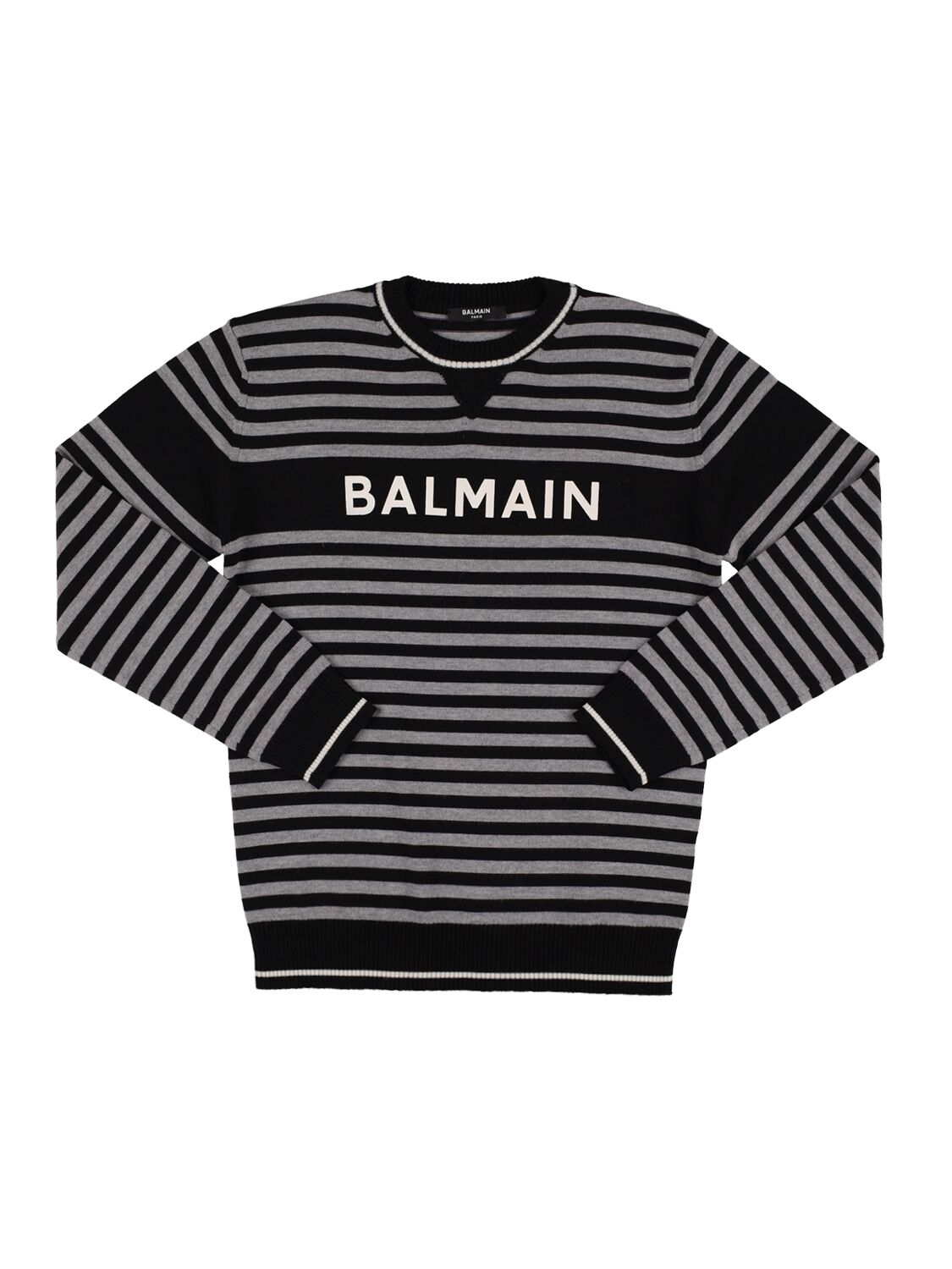 Balmain Kids' Striped Wool Knit Sweater W/logo In Black,grey