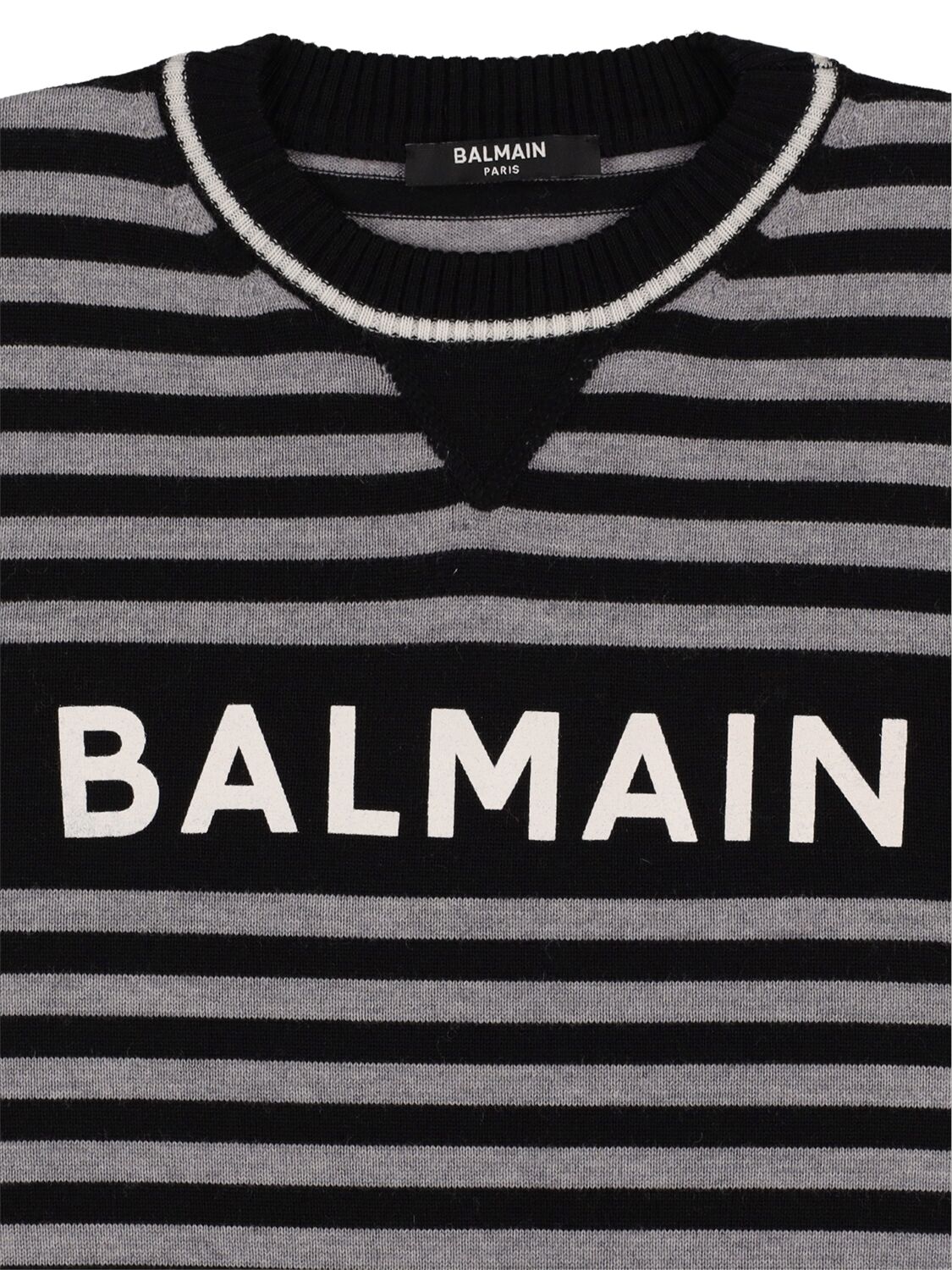 Shop Balmain Striped Wool Knit Sweater W/logo In Black,grey