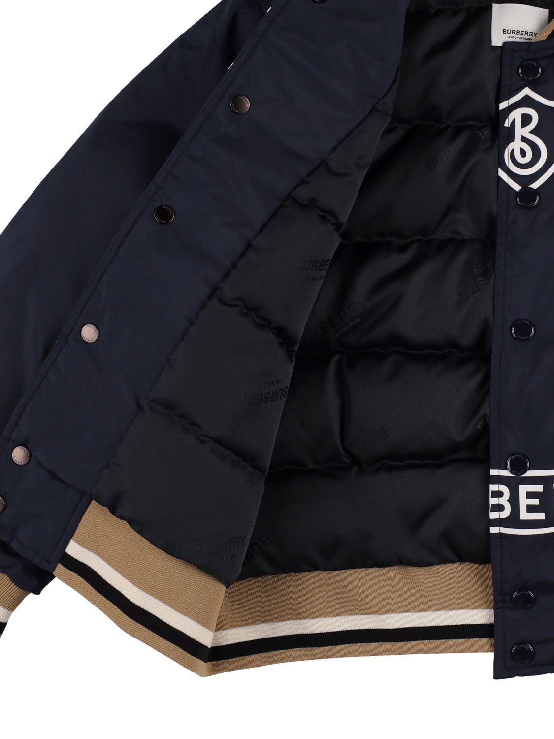 Shop Burberry Logo Print Faux Leather Bomber Jacket In Navy
