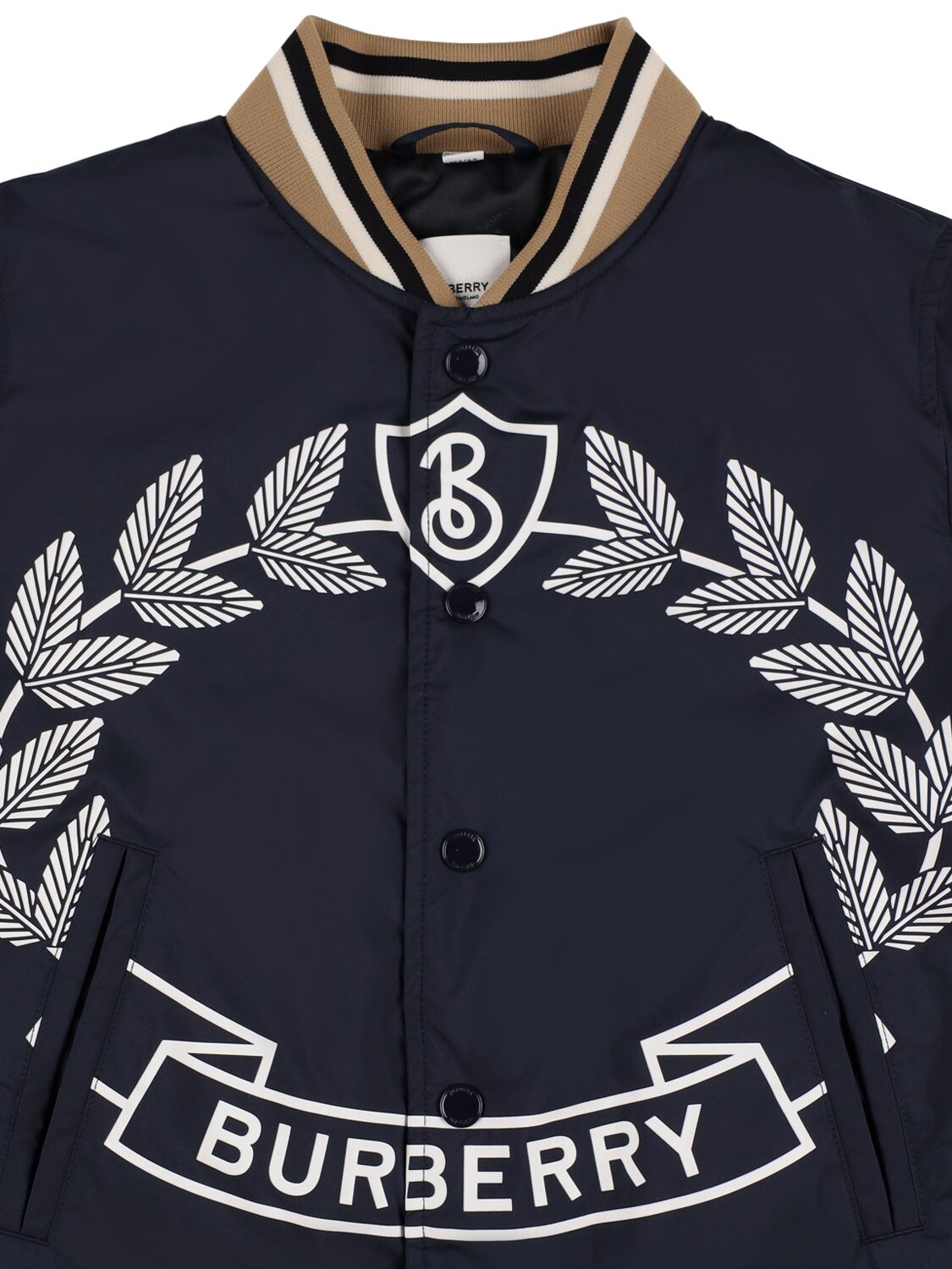 Shop Burberry Logo Print Faux Leather Bomber Jacket In Navy