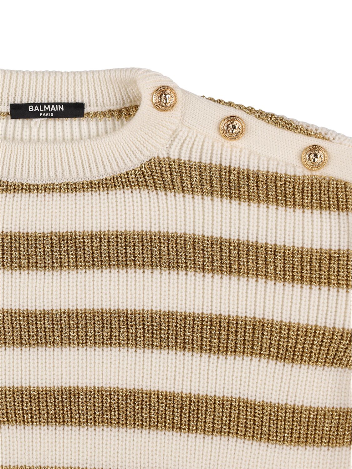 Shop Balmain Striped Wool Knit Sweater In White,gold