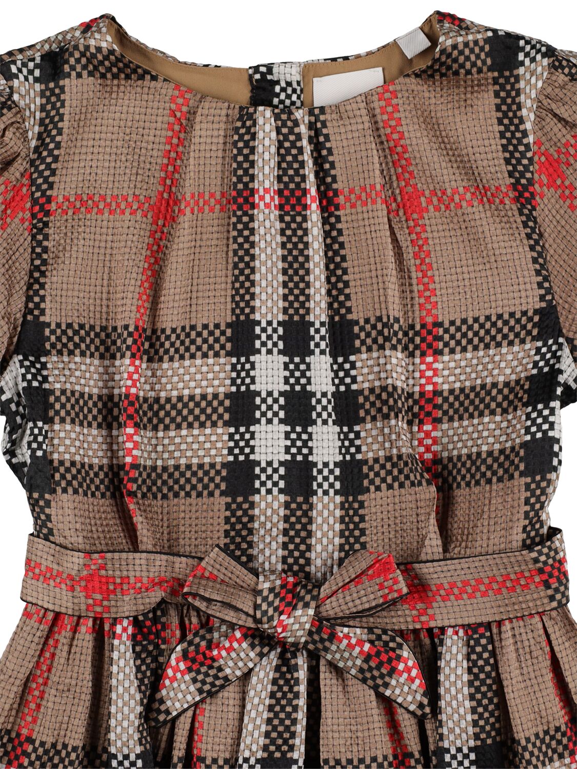 Shop Burberry Check Printed Silk Blend Dress W/bow In Beige
