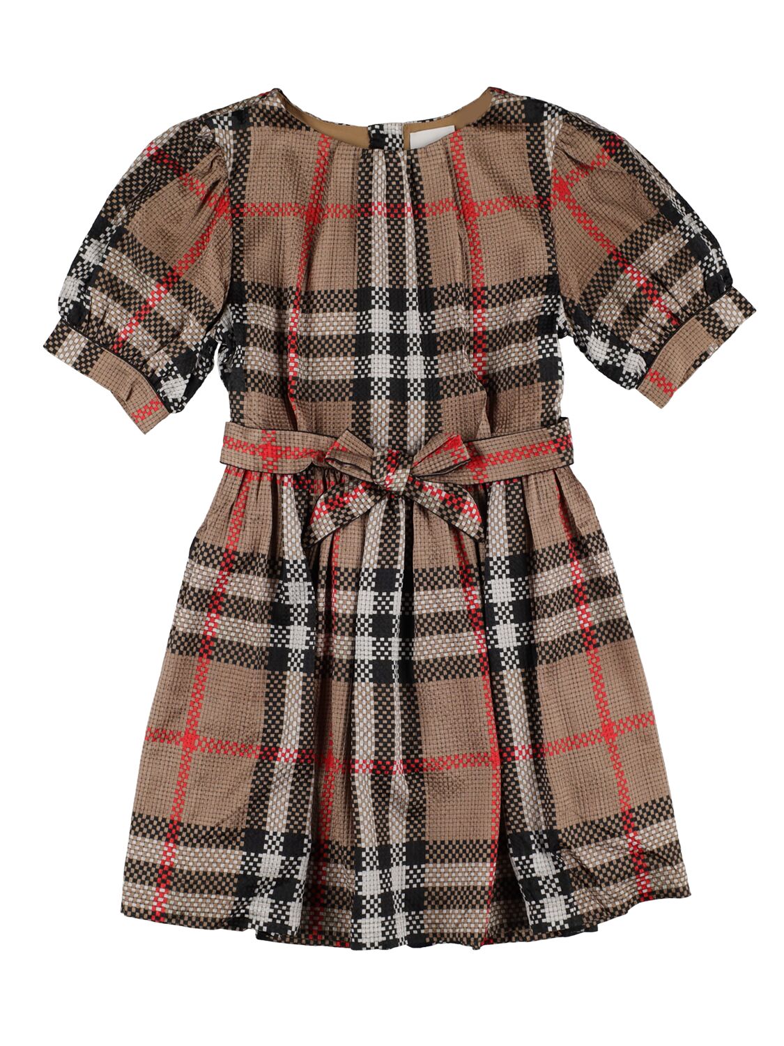 Burberry Kids' Check Printed Silk Blend Dress W/bow In Beige
