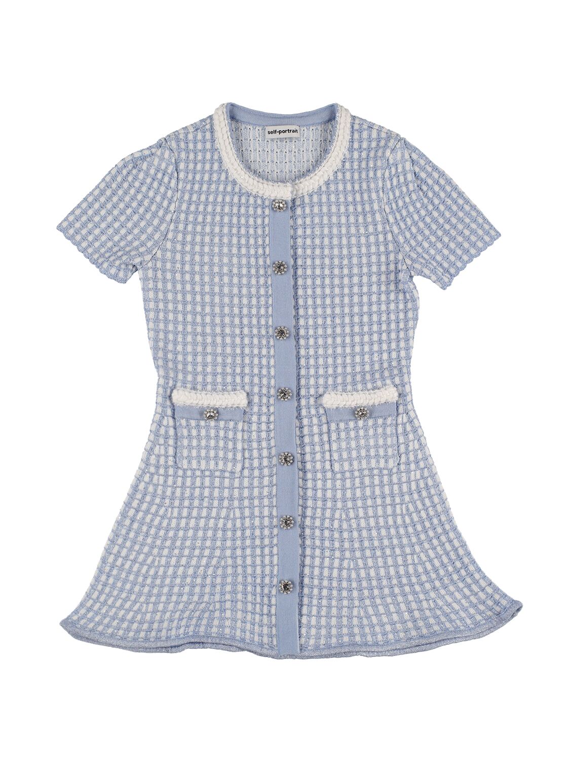 Self-portrait Kids' Cotton Knit Dress W/ Embellished Buttons In Light Blue,white