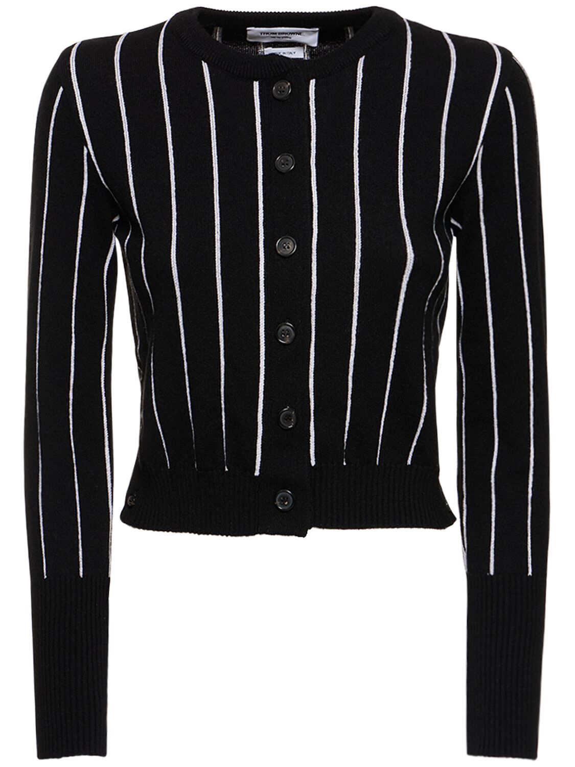 THOM BROWNE PINSTRIPE CASHMERE KNIT CROPPED CARDIGAN