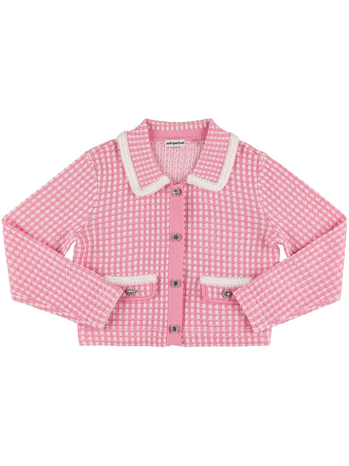 Self-portrait Kids' Embellished Cotton Blend Knit Jacket In Pink,white