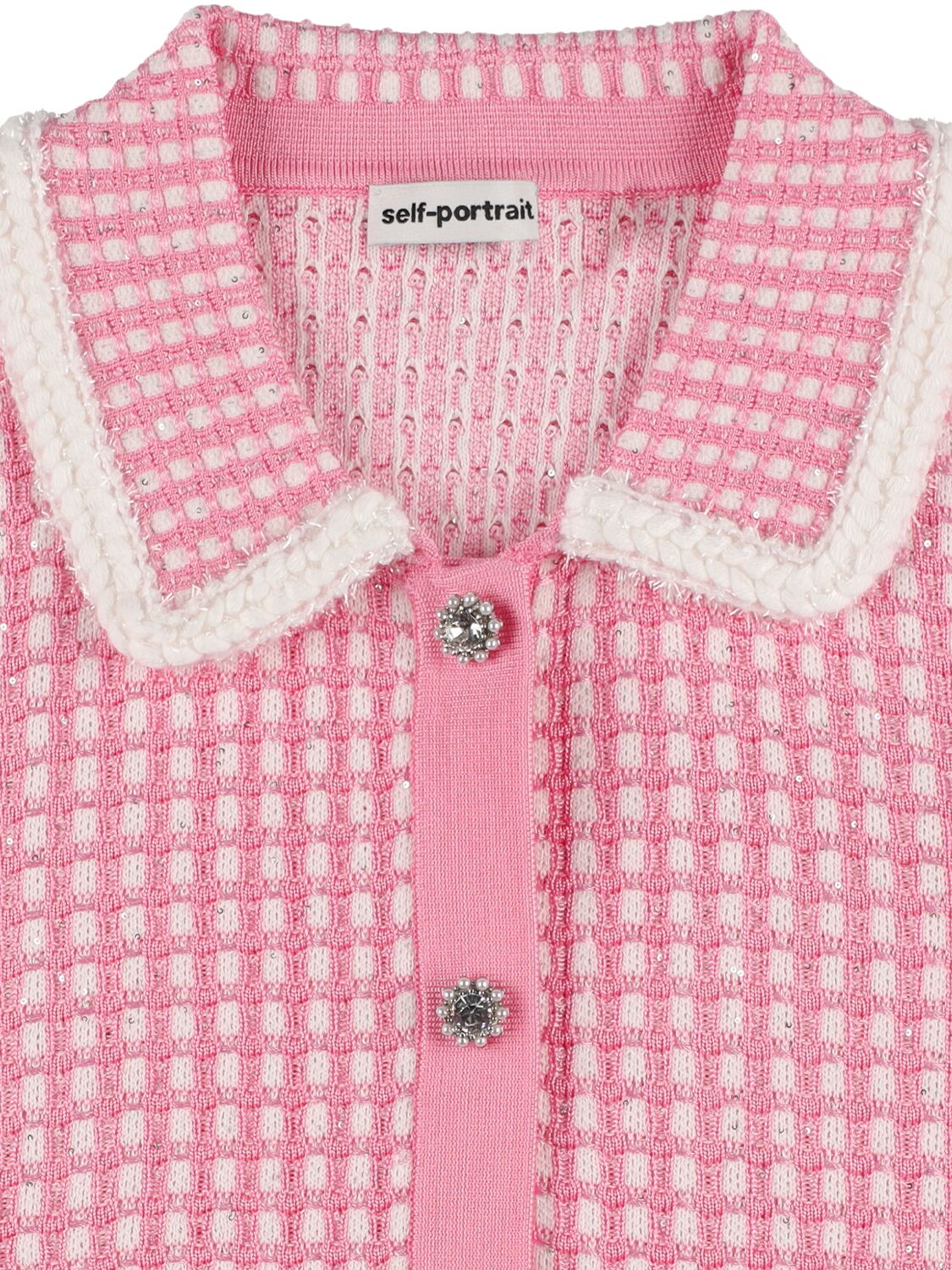 Shop Self-portrait Embellished Cotton Blend Knit Jacket In Pink,white