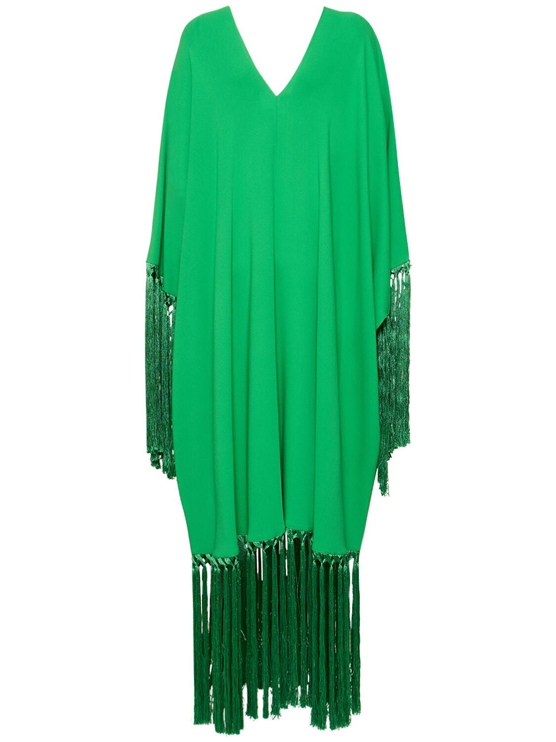 Shop Oscar De La Renta Fringed Silk Cady Long Kaftan Dress In Green