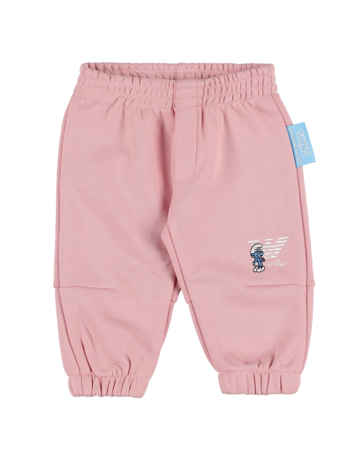 Emporio Armani Kids' Smurfs Embroidered Cotton Sweatpants In Pink