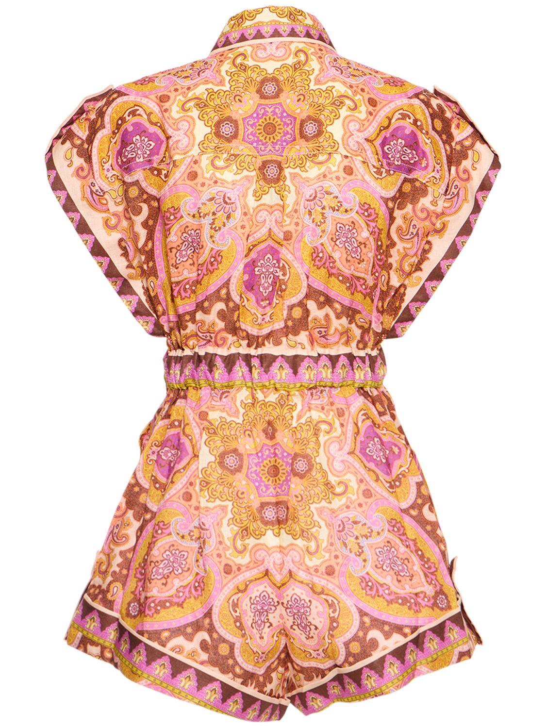 Shop Zimmermann Halcyon Printed Self-tie Linen Romper In Mustard,pink