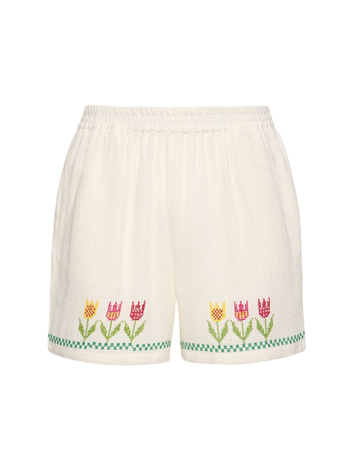 Harago Floral Cross-stitched Cotton Shorts In Off-white