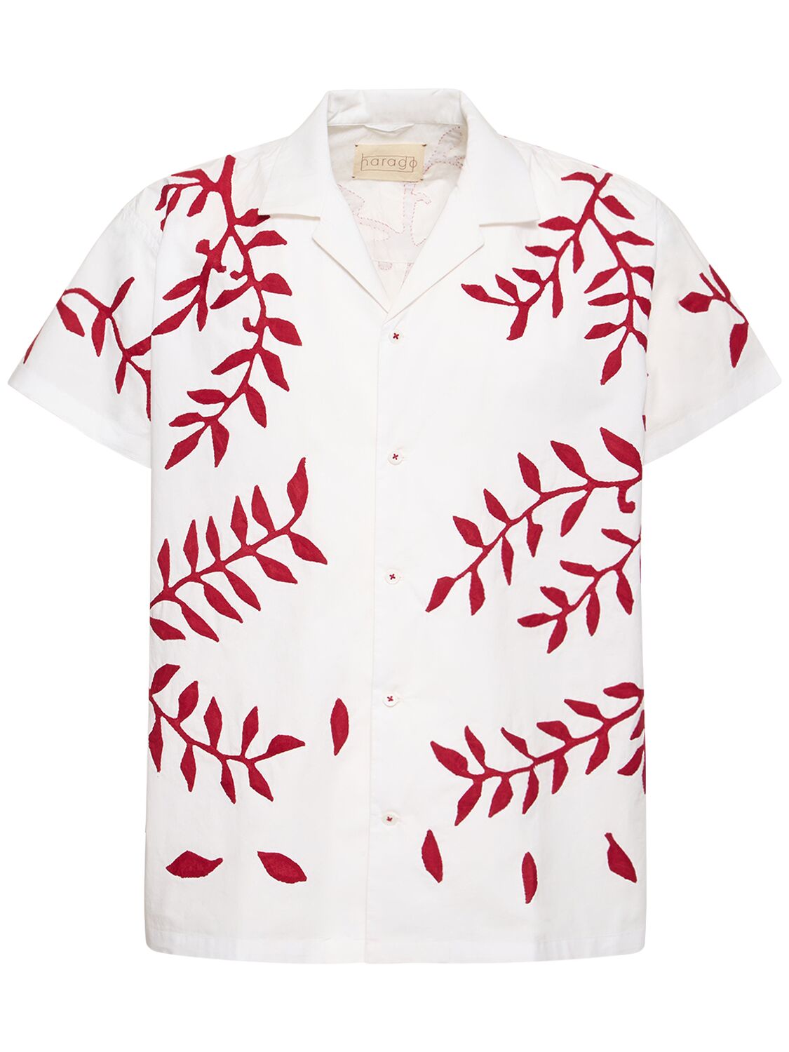 Shop Harago Leaf Appliqués Cotton Short Sleeve Shirt In White,red