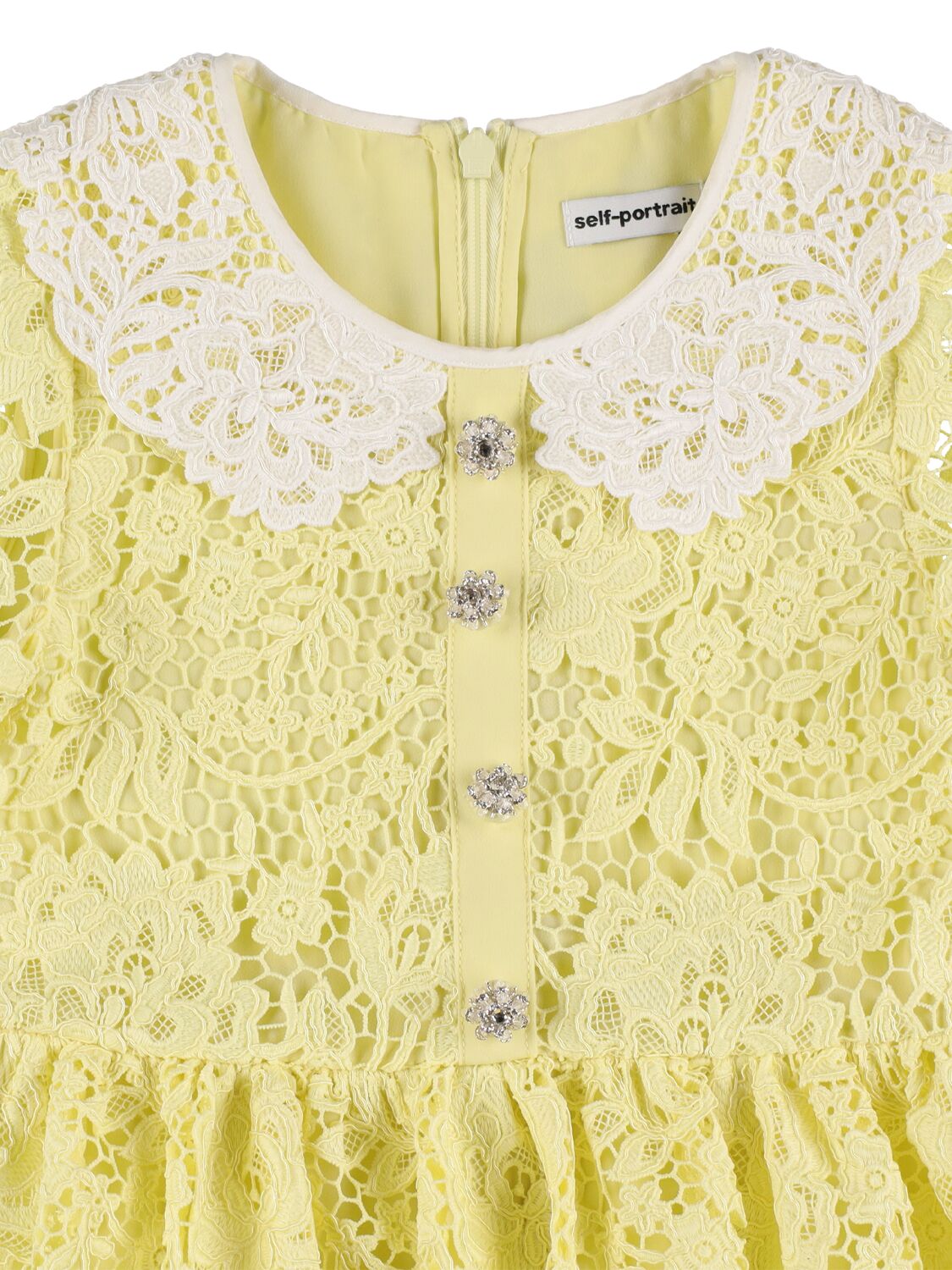 Shop Self-portrait Floral Lace Dress W/ Embellished Buttons In Light Yellow