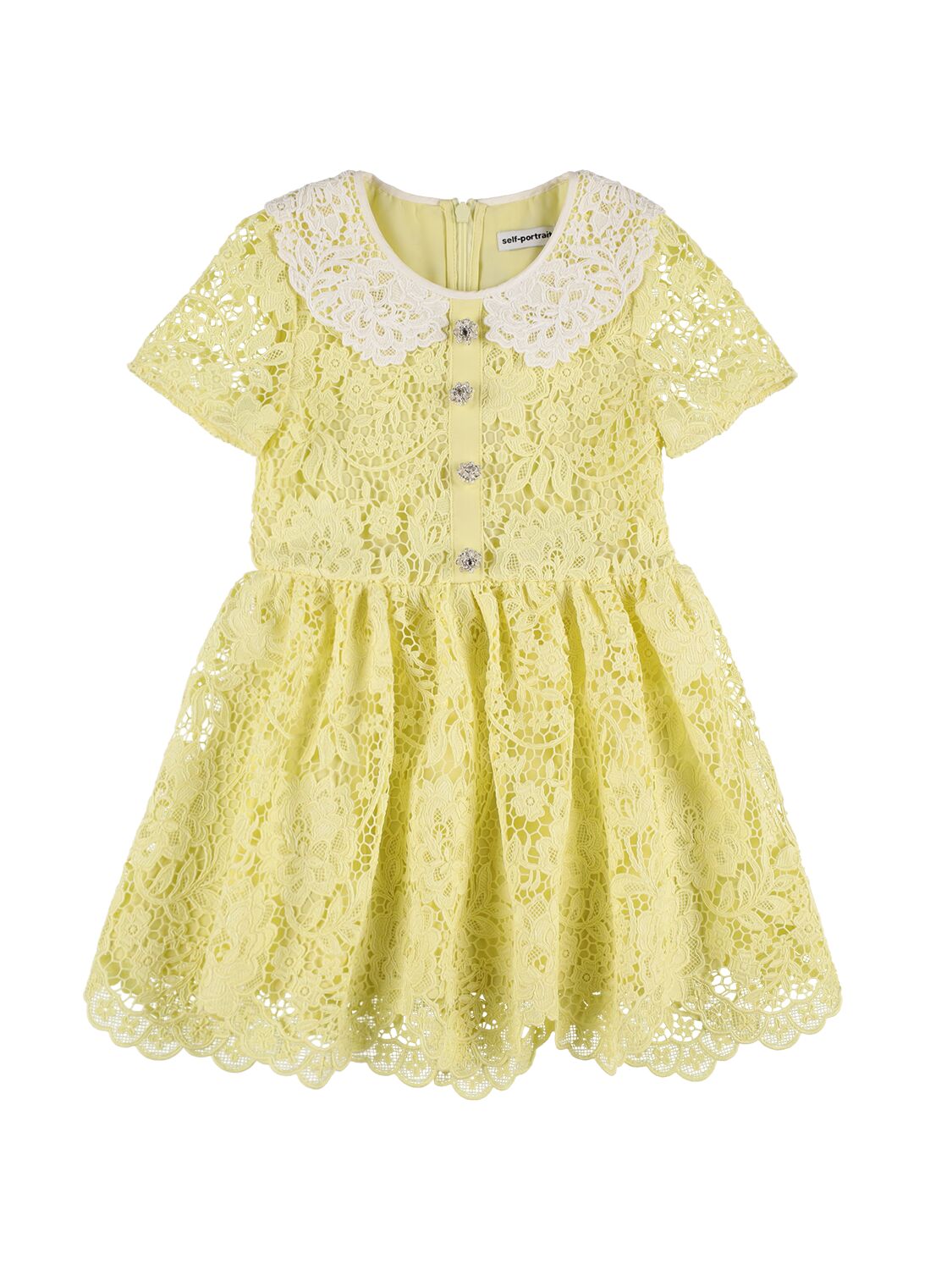 Self-portrait Kids' Floral Lace Dress W/ Embellished Buttons In Light Yellow
