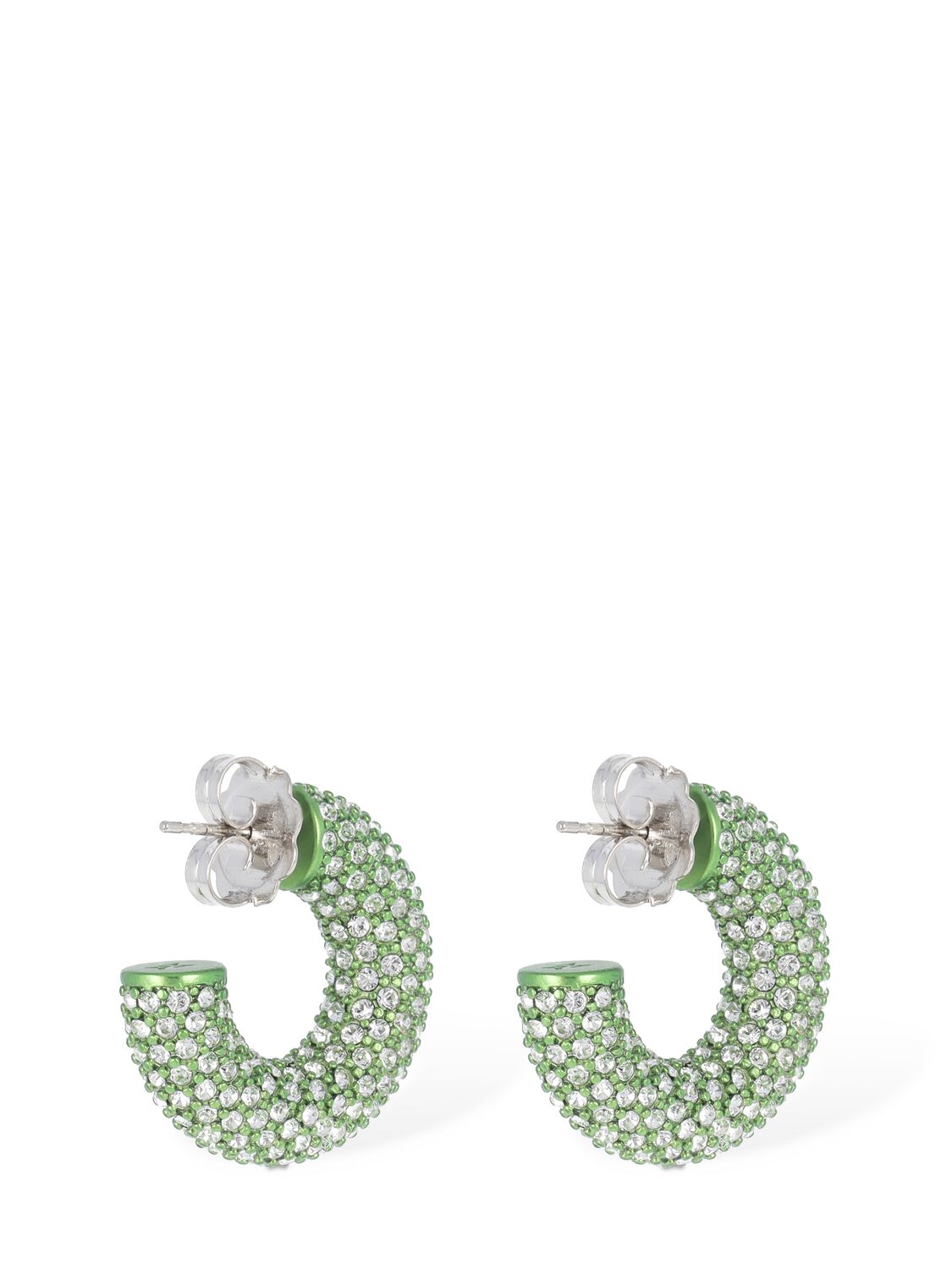 Shop Amina Muaddi Cameron Small Hoop Earrings In Green,crystal