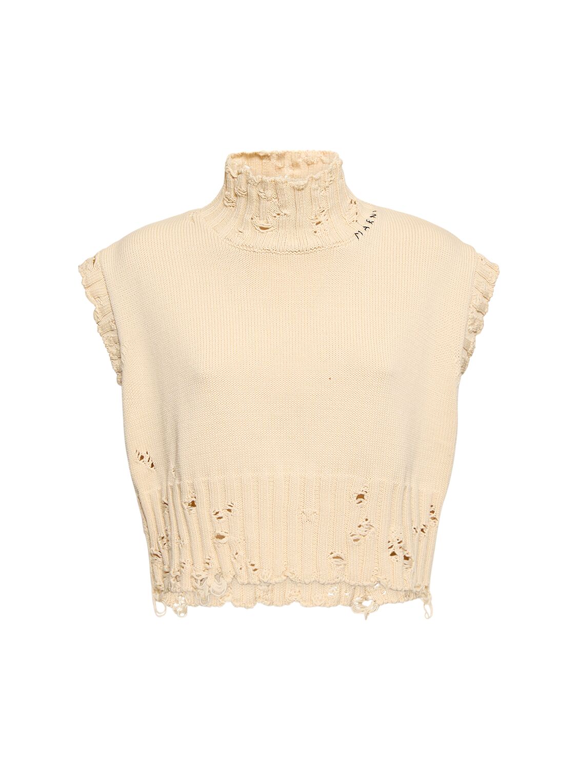 Shop Marni Distressed Cotton Knit Turtleneck Vest In White
