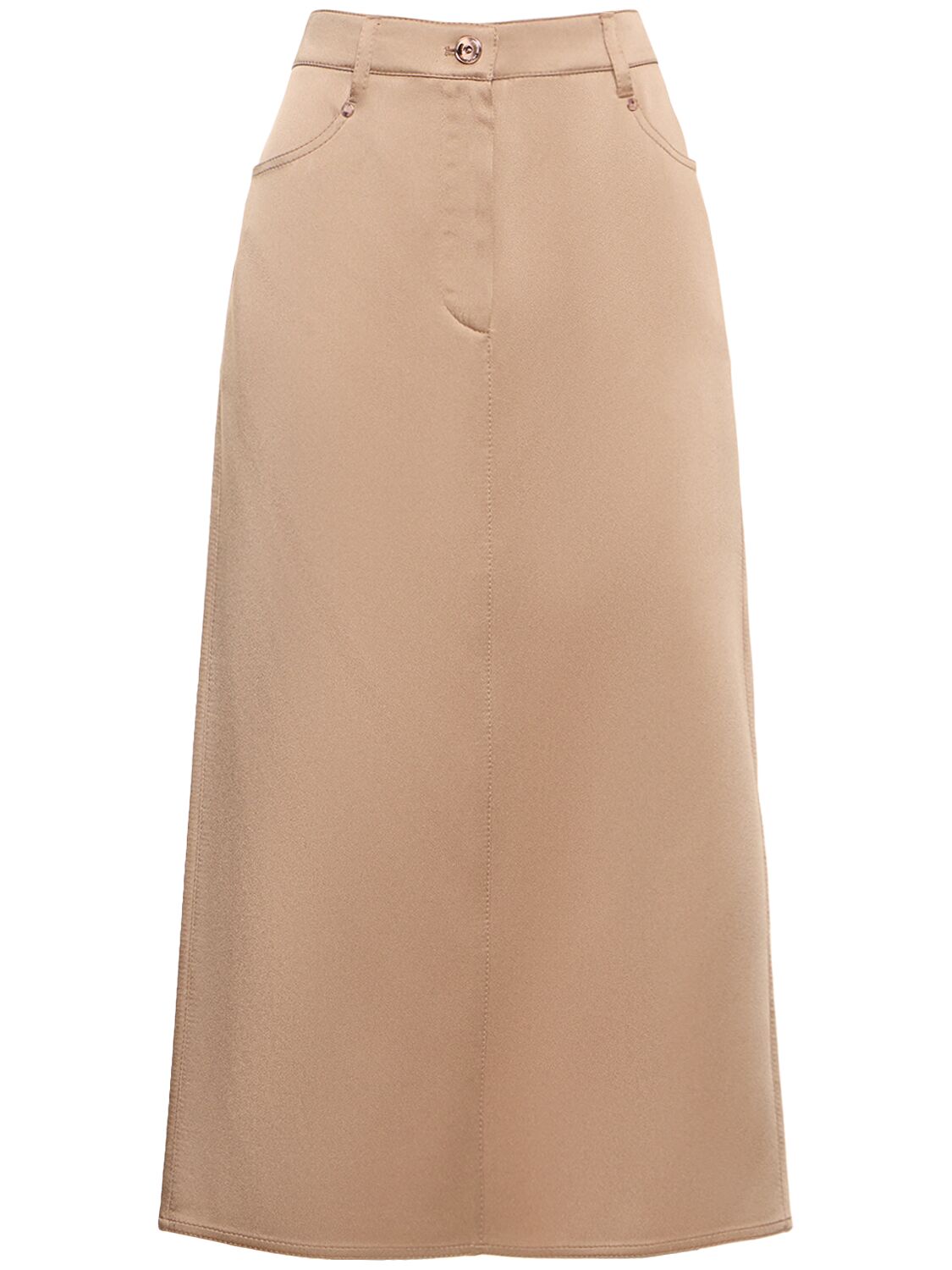 Shop Brunello Cucinelli High Rise Cady Midi Skirt In Beige