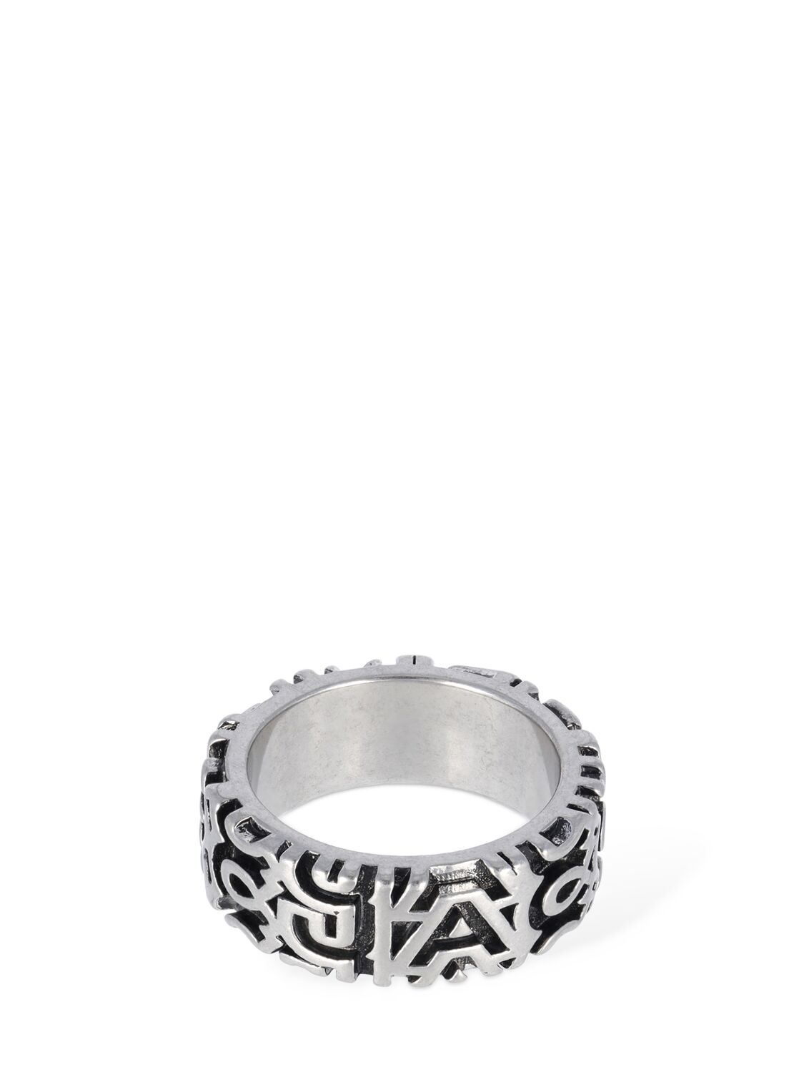 Shop Marc Jacobs Monogram Engraved Ring In Aged Silver