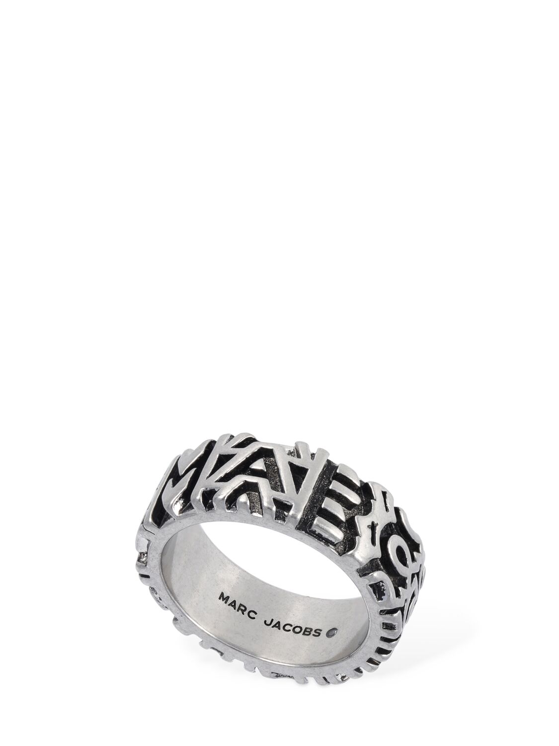 Marc Jacobs Logo-engraved Monogram-pattern Ring In Aged Silver