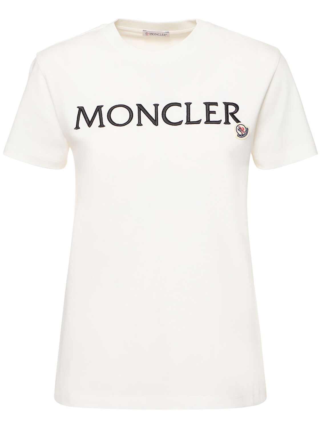 Shop Moncler Logo Embroidered Cotton T-shirt In Natural