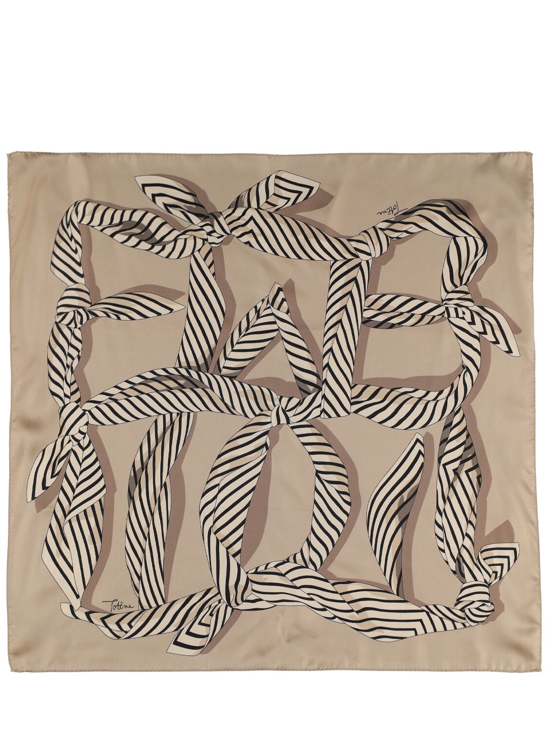 Totême Knotted Monogram Printed Silk Scarf In Overcast Beige