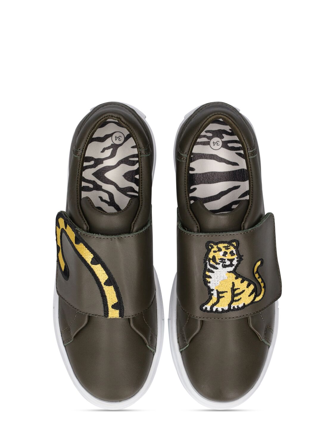 Shop Kenzo Tiger Printed Leather Sneakers W/ Straps In Military Green