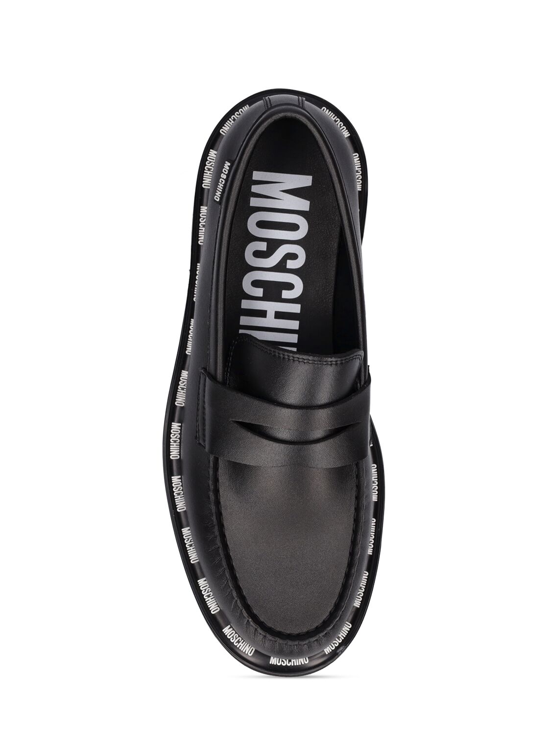 Shop Moschino Logo Faux Leather Loafers In Black