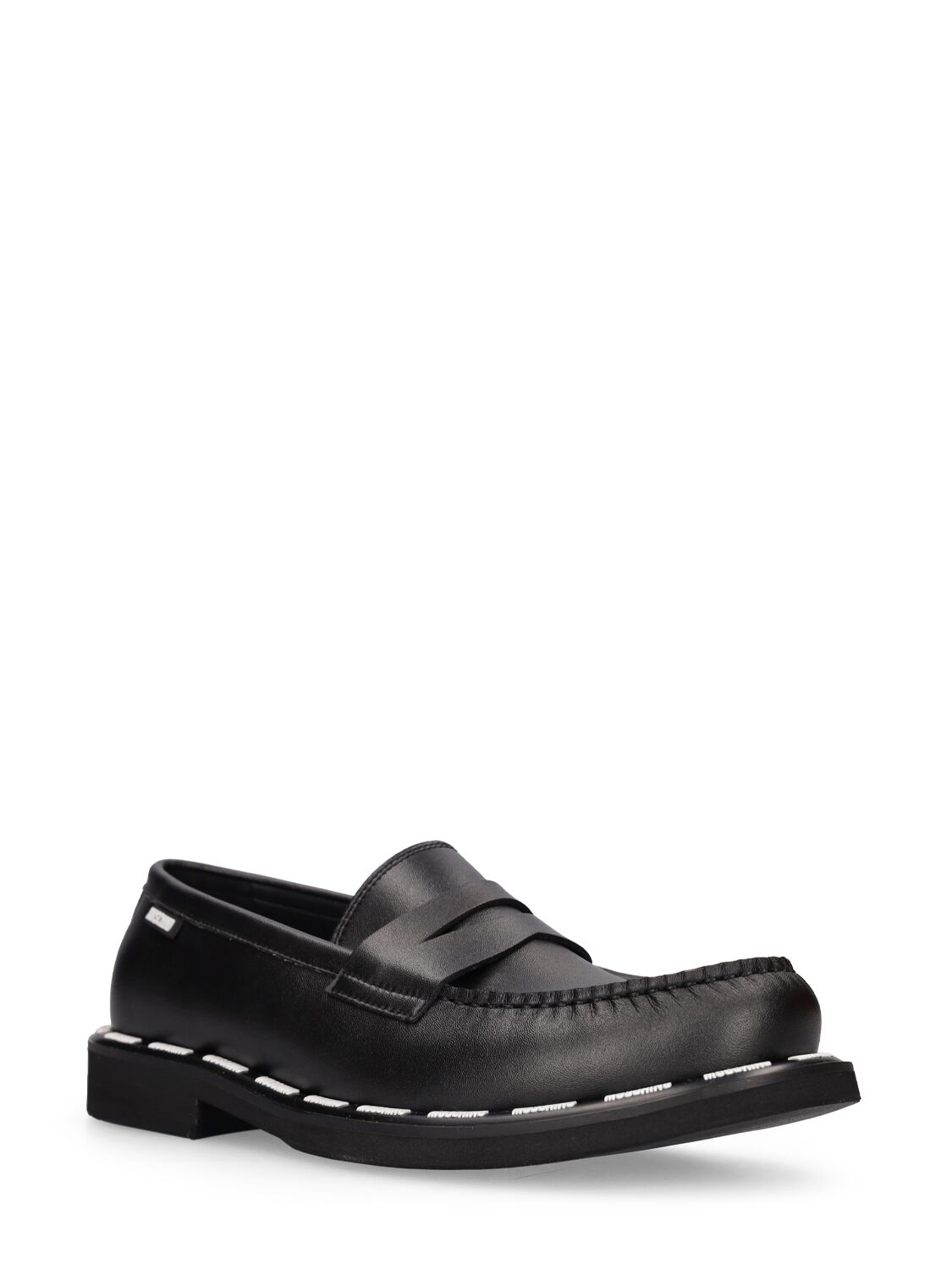 Shop Moschino Logo Faux Leather Loafers In Black