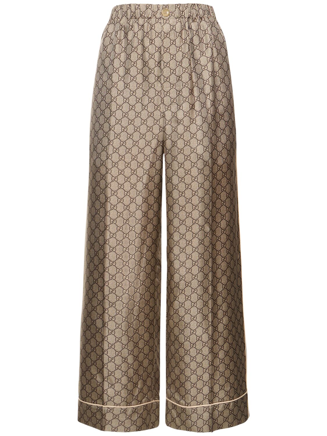 Shop Gucci Gg Supreme Printed Silk Twill Wide Pants In Ebony