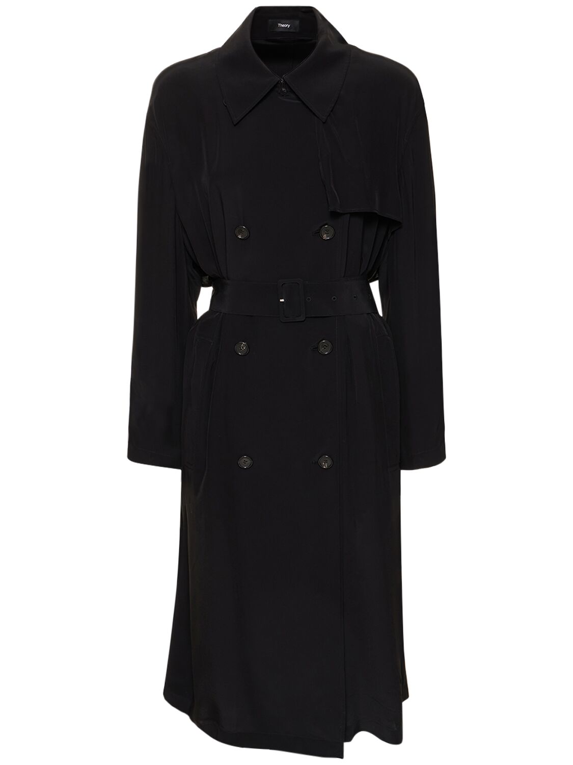 Theory Double Breasted Viscose Trench Coat In Black