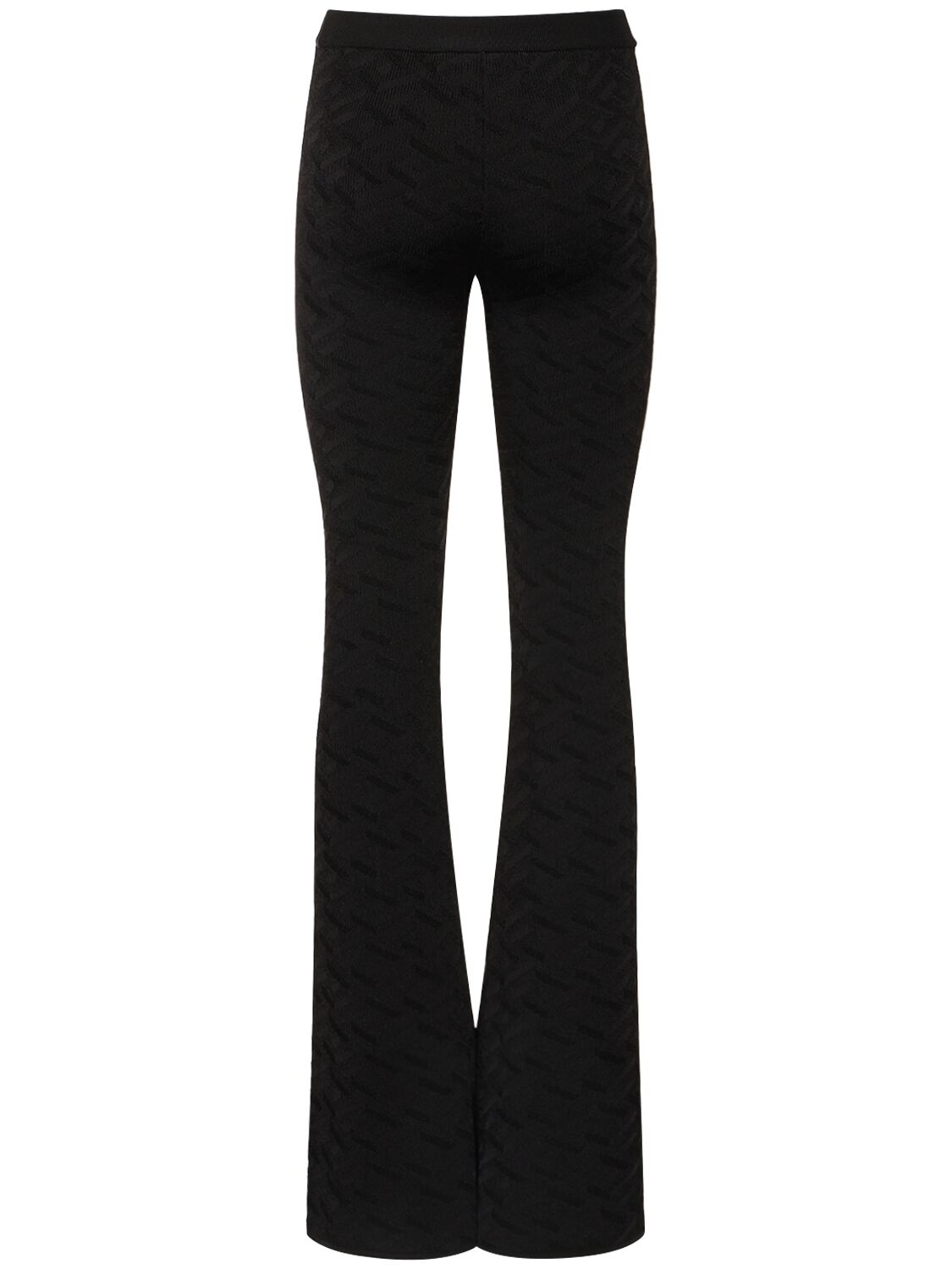 Shop Versace Logo Jacquard Knit Viscose Flared Pants In Black