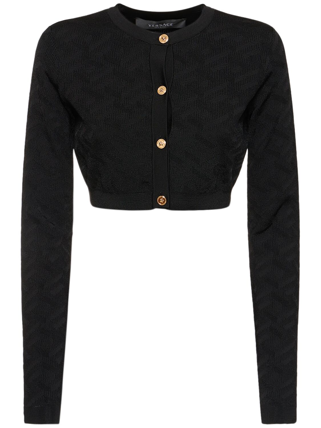 Shop Versace Logo Jacquard Knit Crop Cardigan In Black