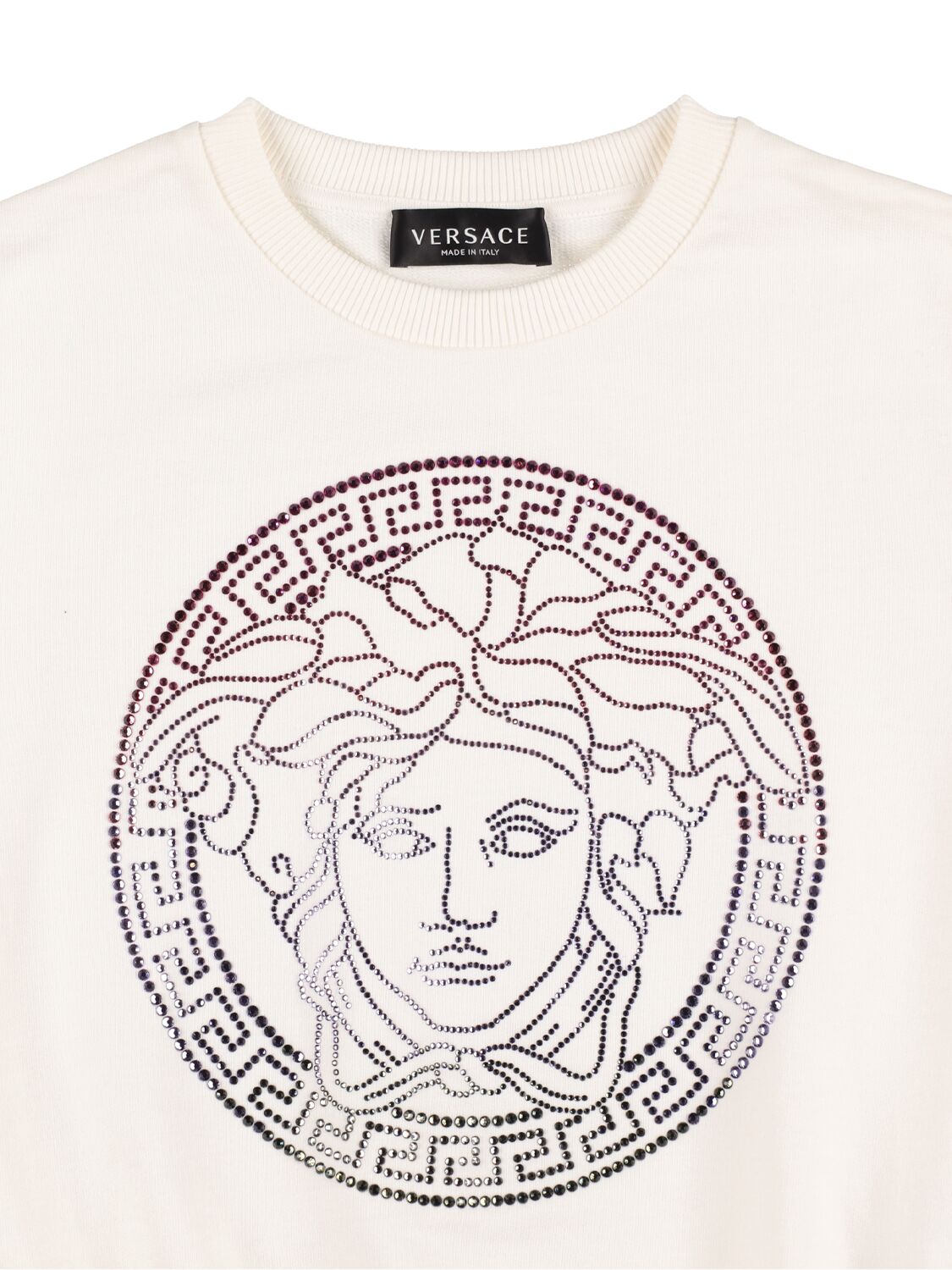 Shop Versace Embellished Logo Cotton Sweatshirt In White