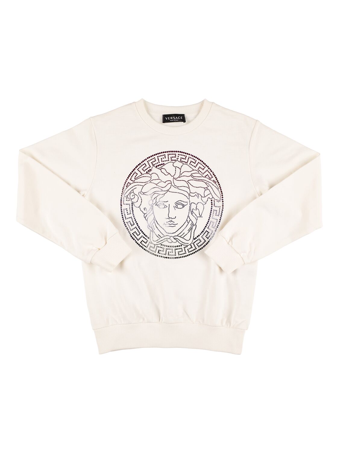 Shop Versace Embellished Logo Cotton Sweatshirt In White