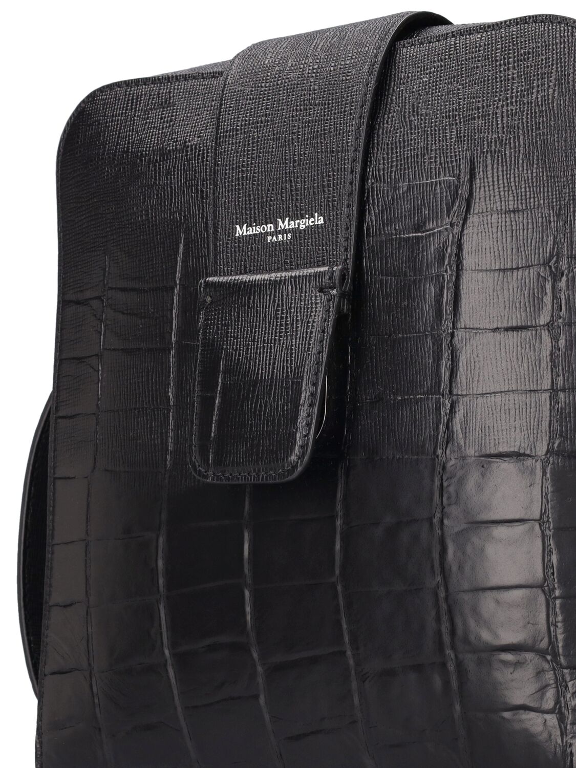 Shop Maison Margiela Croc Embossed Saffiano Logo Crossbody In Black