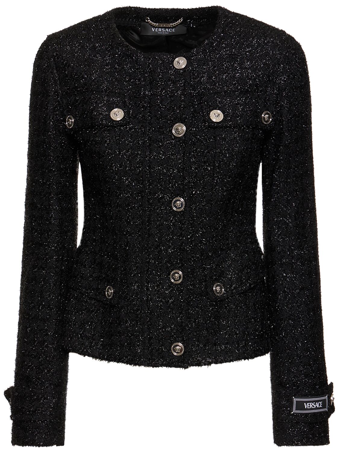 Shop Versace Lurex Tweed Collarless Jacket In Multicolor