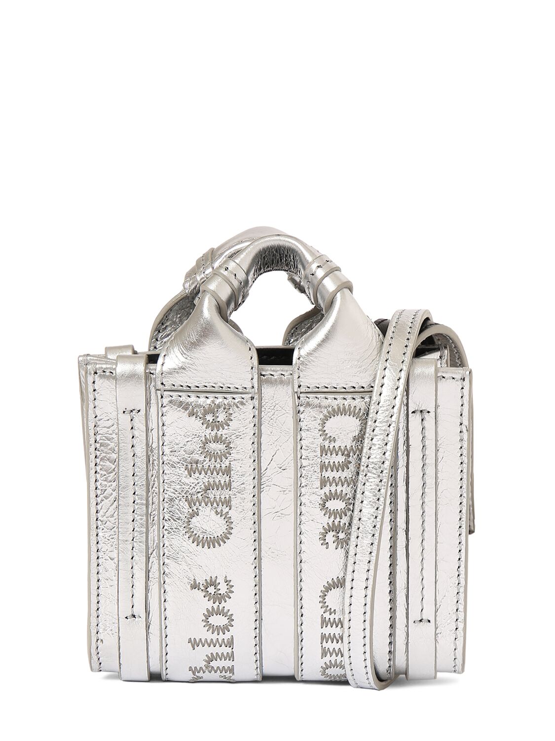 Chloé Micro Woody Metallic Leather Tote Bag In Silver