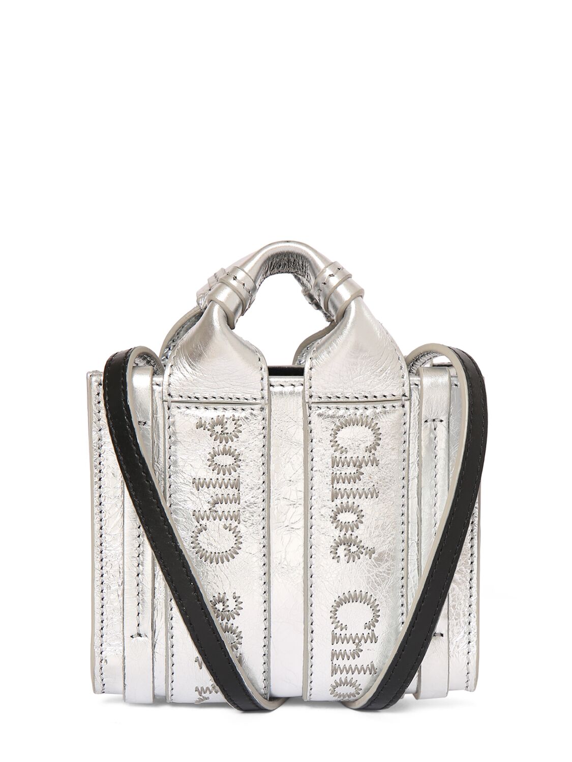 Shop Chloé Micro Woody Metallic Leather Tote Bag In Silver