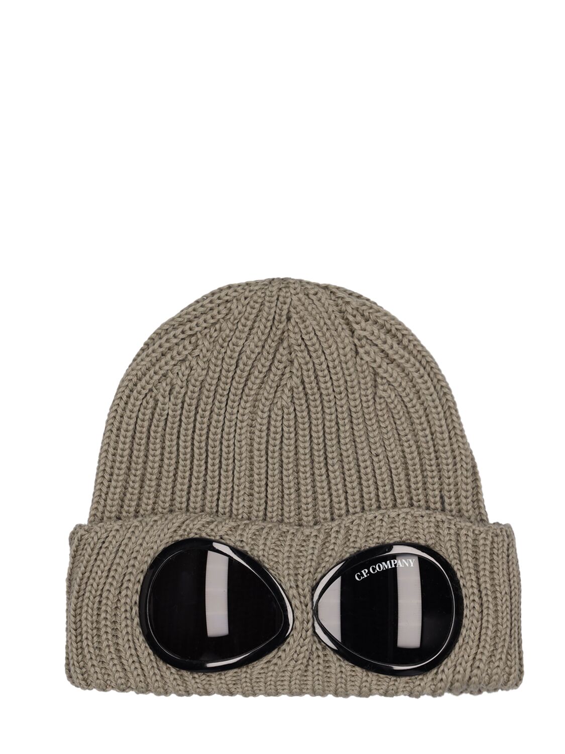 C.p. Company Knit Wool Beanie W/goggles In Silver Sage