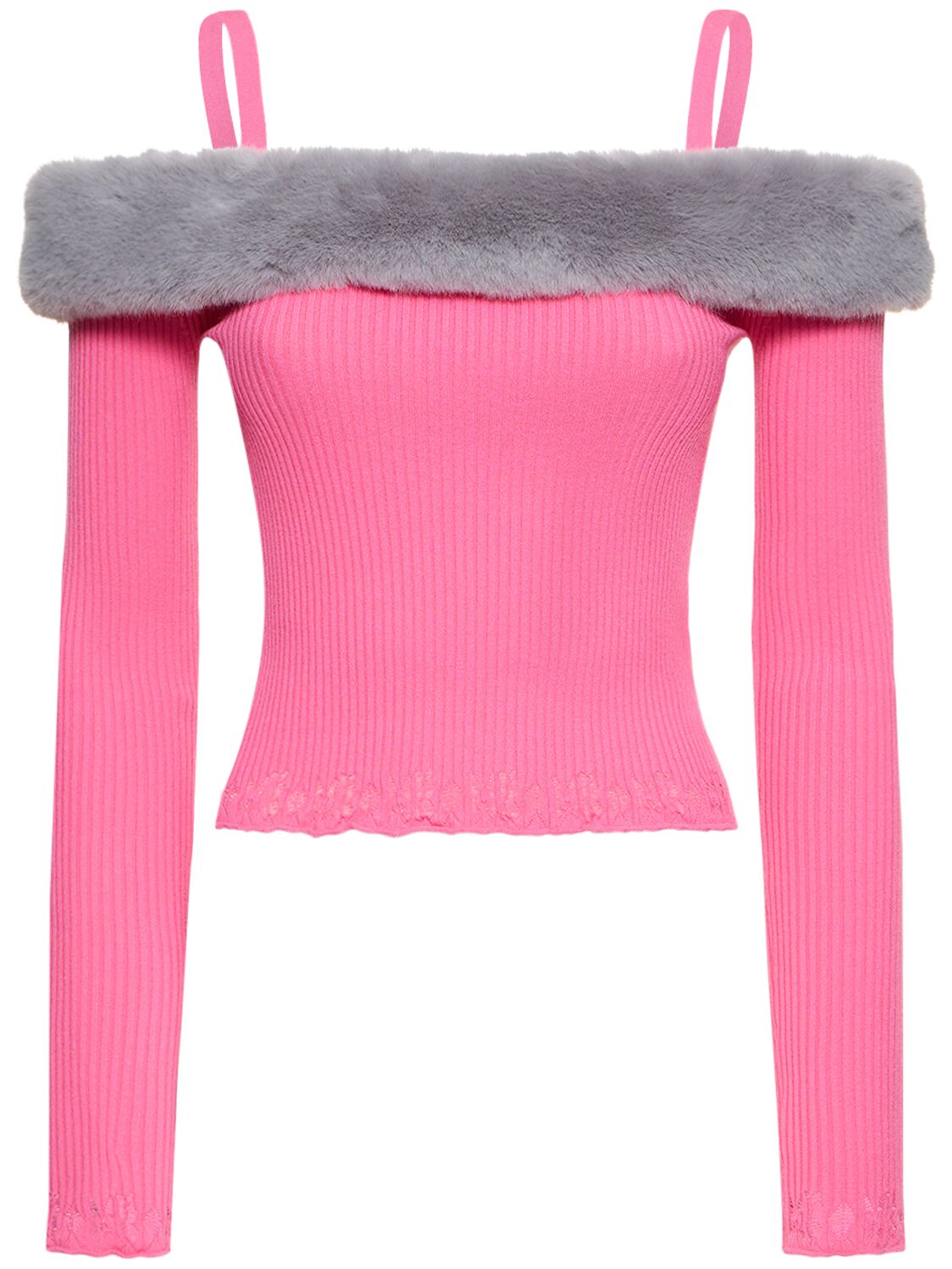 Blumarine Off-the-shoulder Faux Fur Knit Top In Pink