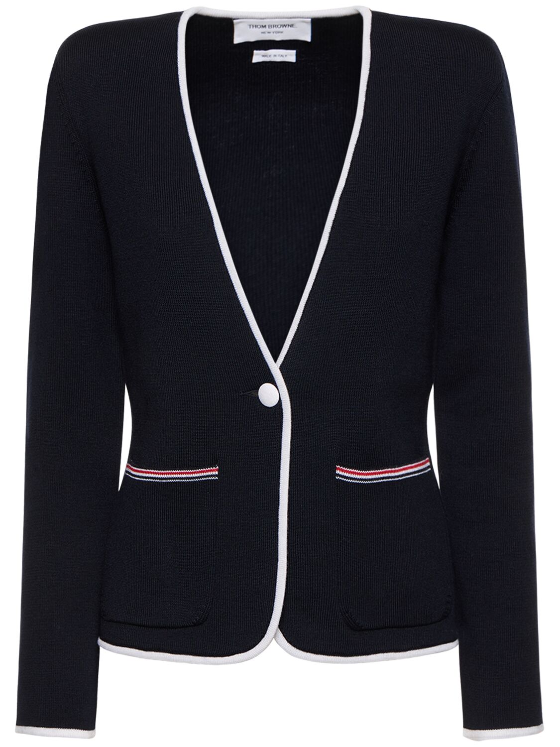 Thom Browne Contrasting-trim Collarless Jacket In Navy