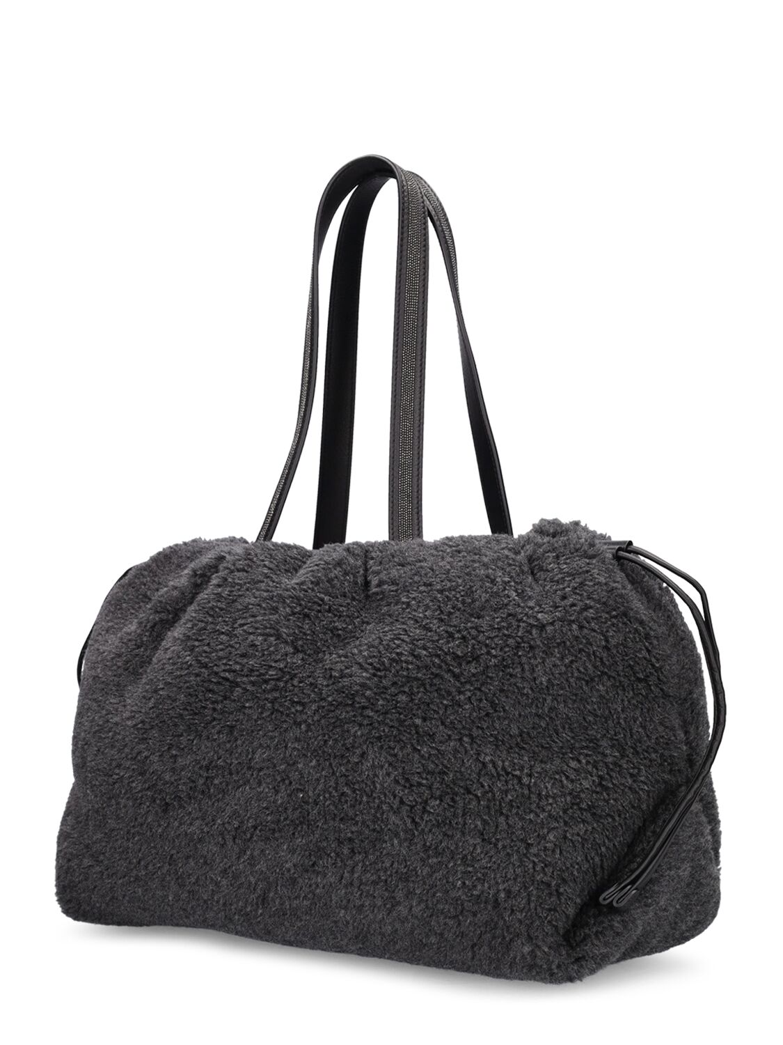 Shop Brunello Cucinelli Wool Blend Faux Fur Shoulder Bag In Lead